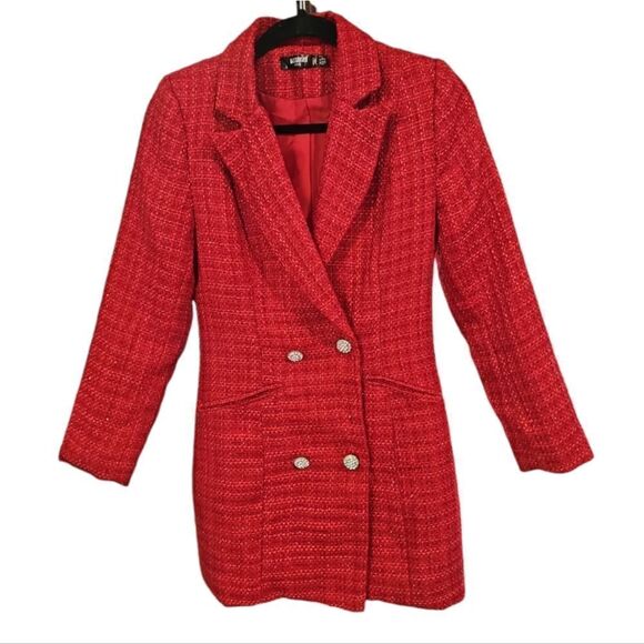Missguided‎ Red Tweed Long Line Blazer/Mini Dress Size 4 - Picture 2 of 7